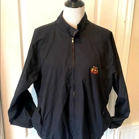 Mens Vintage Izod Sz Large Jacket Coat Lightweight Black Plaid Logo Crest EUC